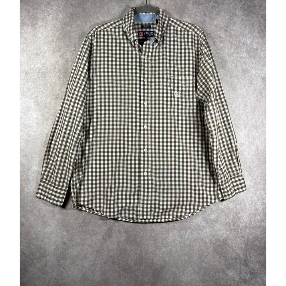 Chaps Shirt Men Medium Brown White Gingham Easy Care Button Down Long Sleeve NEW